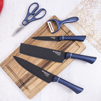 Ensemble de couteaux de cuisine en acier inoxydable de style moderne, lames noires, multifonctionnel, couteau de chef double face avec manche bleu