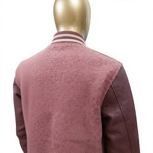 Nabtay Sports Pink Varsity Jacket Maroon Leather Sleeves <b>Covered</b> <b>Button</b> Collar Full Sleeve Regular Fit Winter High Street Wool - Product Image 3