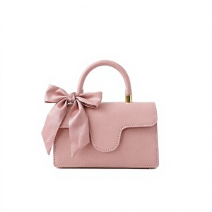 Bolso de Mano de Cuero Genuino Rosa con Decoración de Lazo, Cierre de Solapa Elegante, Forma Cuadrada, Bolso de Uso Diario para Mujer - Product Image 3