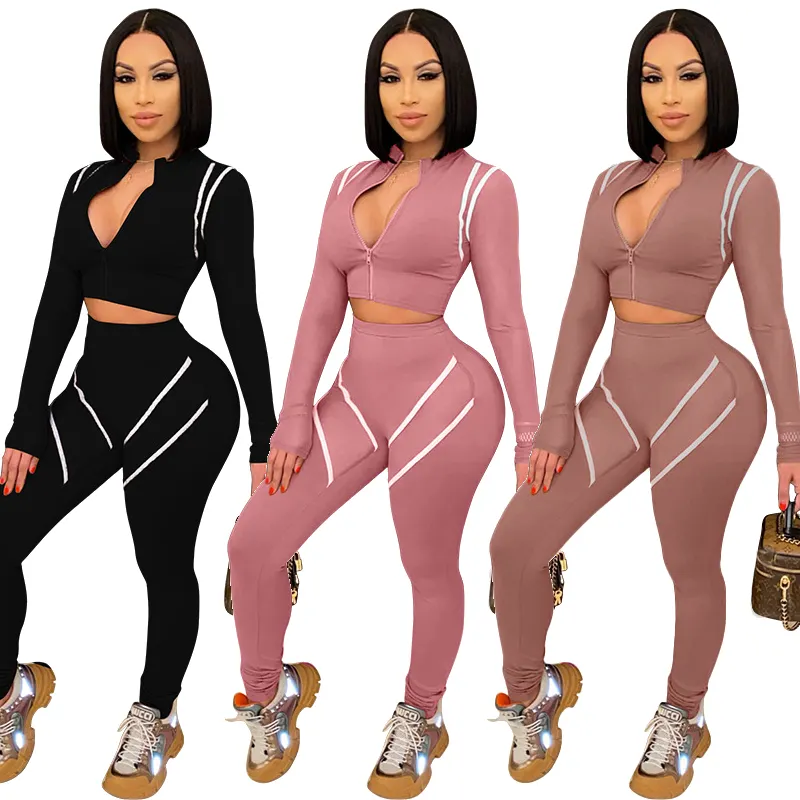 Mesh Patchwork Zweiteiliges Set Damen Herbst Kleidung Langarm Reiß verschluss Crop Top Hose Spandex 2-teiliges Damen Jogger Set