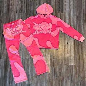 Conjunto de Sudadera con Capucha y Pantalones Jogger Acampanados para Hombre, de Peso Pesado, con Diseño de Retazos, Lavado Ácido, Apliques, Bordados y Estampado Puff - Product Image 1