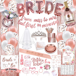 مجموعة زينة حفلات توديع العزوبية: بالونات العروس، لافتة، وشاح، تاج، طرحة، ستارة شراشيب، أطباق، أكواب، مناديل لـ 25 ضيفًا - Product Image 1