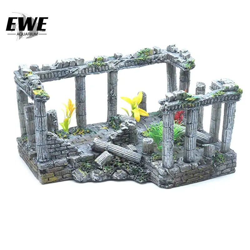 EWE-Acuario de peces, decoración grande, resina de simulación, columna romana, Roca, restos, piedras, plantas, adornos de decoración