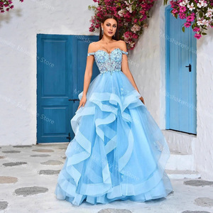 Off The Shoulder Green Tulle Evening Gown Empire Waist Backless Long Dress For Prom Party Birthday - Product Image 4