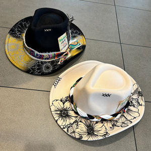 Chapeau de cow-boy occidental pour femme au design original, accessoires en plumes, chapeaux Fedora, chapeau de cow-boy en feutre de laine avec motif floral imprimé, fête - Product Image 2