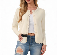 Cardigan ouvert léger en maille de haute qualité pour femme, col rond, simple boutonnage, bord festonné en ivoire massif