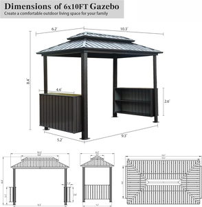 Gazebo de jardin avec toit rigide 6x10 pieds, barbecue extérieur, toit en acier galvanisé double, auvent de terrasse, 2 armoires de rangement, crochets de plafond - Product Image 6
