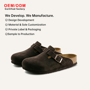 Mules sabots tendance à semelle en bois unisexe en cuir nubuck de vache, confortables, antidérapantes, à enfiler, décontractées, en gros - Product Image 1