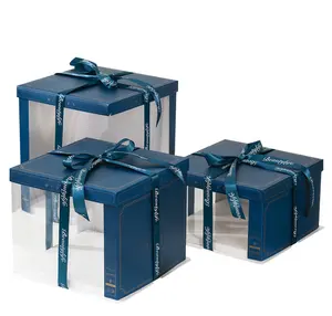 Boîte à gâteau d'anniversaire de couleur orange bleu marine 6 8 10 pouces boîte d'emballage de gâteau d'anniversaire à 2 couches demi-transparent fenêtre en pvc carrée