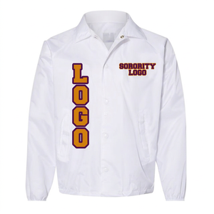 Veste de coach grecque personnalisée, pour sororité et fraternité, col montant, logo frontal, 100% polyester, coupe-vent imperméable, OEM ODM - Product Image 1