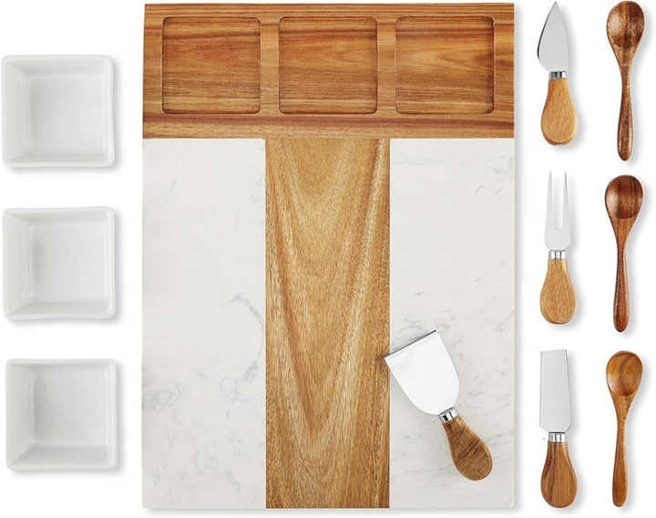 Factory Marble Acacia Wooden Charcuterie Cheese Board With 3 Ceramic Bowl Cheese Board Set Charcuterie Serving Platter · image 4