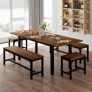 5-Piece Dining Table Set for 6-10 People, 63" Large Extendable Kitchen Table Set with 2 Square Stools and 2 Benches, Dining Room