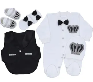 5 Pieces Vest Black Baby Romper Set Clothes Set 100% Cotton Fabric Knitted Long Sleeve Wholesale Custom Summer Long Sleeve