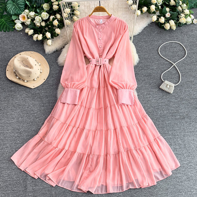 Women Pink Long Sleeve Chiffon Dress Tiered Ruffle Skirt Button Down Casual Maxi Dress with Belt