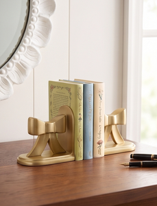 Bookend Bow Design Gold Finish Decorative Metal Book Holder Elegant <b>Shelf</b> Organizer for Home Office Library <b>Desk</b> Display Decor - Product Image 2