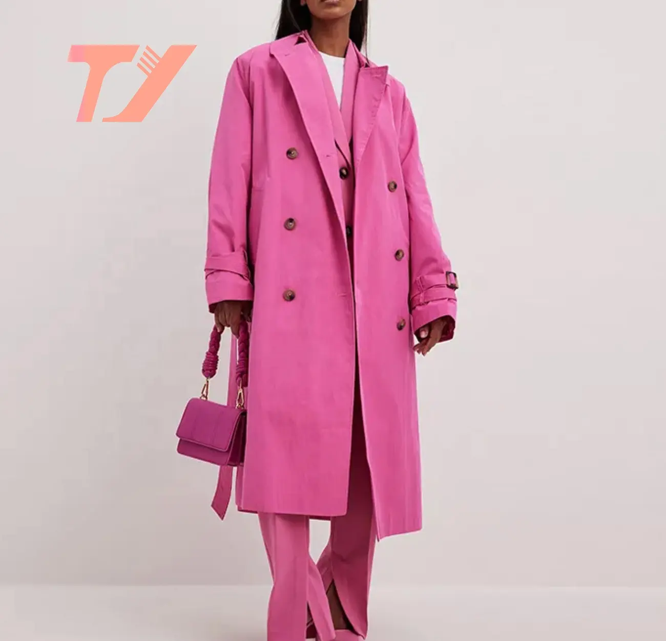 TUOYI Customized Pink Notched Collar Double Breasted Long Sleeves Oversized Long Trench Coat For Women