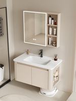Kabinet Kamar Mandi Modern Warna Krem dengan Wastafel Keramik Terintegrasi, Cermin Pintar, Terpasang di Dinding, Sudut Melengkung, Garansi 5 Tahun untuk Rumah