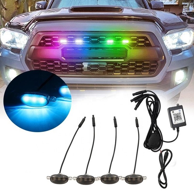 RGB Car Led Strobe Warning Front Hood Bumper Grille Flashing Light bar APP Control Beacon Bulb 12V Daytime Running Traffic Light
