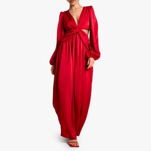 เดรสยาวสีแดงแขนยาวสำหรับผู้หญิง ดีไซน์ใหม่ ตัดเย็บด้านหน้าแบบไขว้ คอวีลึก เหมาะสำหรับงานเลี้ยงตอนเย็น - Product Image 1