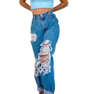 Повседневные синие узкие рваные брюки с высокой талией и большими отверстиями с узором длиной до щиколотки женские джинсы