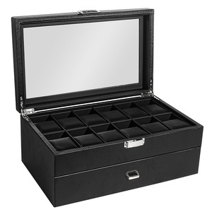 Caja de reloj organizador almacenamiento joyería de lujo doble capa 24 ranuras caja de fibra de carbono PU negro caja de exhibición gabinete de vidrio cuadrado - Product Image 1