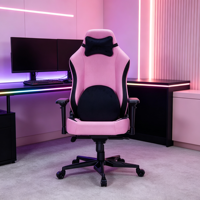 Chaise de jeu ergonomique en cuir rose avec accoudoirs 4D réglables, pivotante, mécanisme papillon à vérin à gaz 4 positions, appui-tête et soutien lombaire