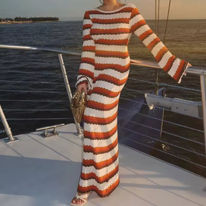NUOVO <span class=keywords><strong>Abito</strong></span> Lungo da Donna <span class=keywords><strong>in</strong></span> <span class=keywords><strong>Maglia</strong></span> a Righe con Maniche Lunghe, <span class=keywords><strong>Schiena</strong></span> <span class=keywords><strong>Scoperta</strong></span>, Stile Crochet, Vestito Maxi da Spiaggia - Product Image 1