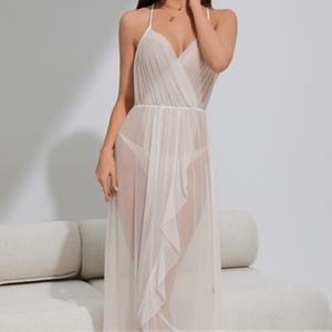 Chemise de nuit simple en satin transparent, taille plus, douce, respirante, pour femmes, dentelle, col en V, longueur genou, vêtements de nuit d'été - Product Image 1