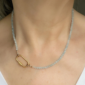 Collier ras du cou personnalisé en acier inoxydable avec fermoir mousqueton, perles d'aigue-marine et breloque DIY en pierres précieuses pour femme - Product Image 2