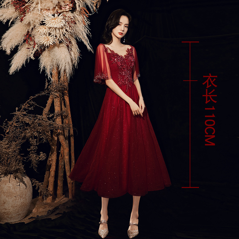 Burgundy floral midi-length
