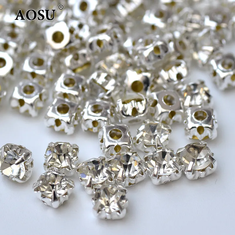 AOSU Kaca Jahit Kristal Ver, 6Mm 7Mm 8Mm 10Mm Dasar Warna Bening Cakar Berlian Imitasi Applique untuk Gaun Pernikahan