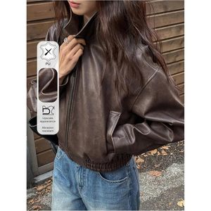Veste bomber courte en similicuir Y2K pour femme, style streetwear automne, avec poche - Product Image 3