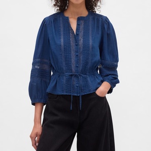 Nueva Llegada, Precio Bajo, Blusa Casual con Aberturas, Camisa Simple con Ojales, Blusa de Voile con Cuello en V y Ribete de Encaje para Mujer, OOTD - Product Image 1