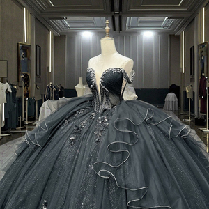 Abito da donna in <span class=keywords><strong>pizzo</strong></span> con perline a fiori 3D con fiori di cristallo Losangeles abito da ballo <span class=keywords><strong>nero</strong></span> di Design reale bohémien per donna - Product Image 3