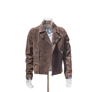 Factory Directly Zipper Up V Neck Brando Style Suede Leather Jacket For Men
