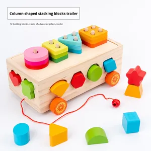 Montessori Wooden Children's Fruit Percussion Piano Set Column Pulling Building Blocks Small Car Geometric Shapes Cognitive 0-3 - Product Image 2