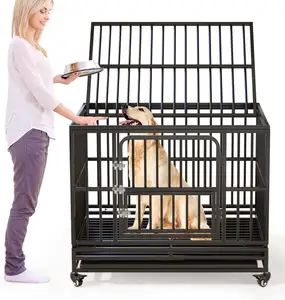批发便宜的高品质商业金属6英尺狗不锈钢狗窝养殖黑色笼子，带轮子，适用于大狗