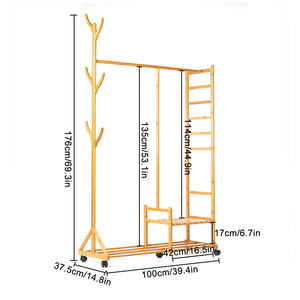 Tre tự nhiên áo đứng với bánh xe hình dạng cây 4 kệ và 6 móc lưu trữ giá cho đồ nội thất phòng khách - Product Image 3