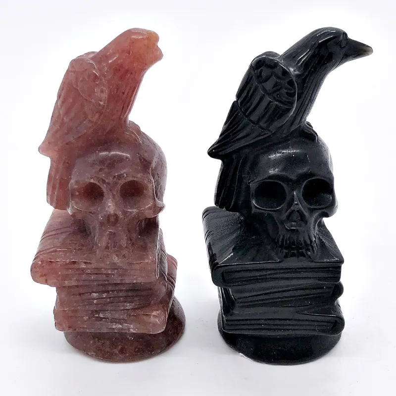 Hot Sale Natural Hand Carved Crystal Black Obsidian Eagle Skulls Healing crystal crafts For Halloween gifts Home Decoration