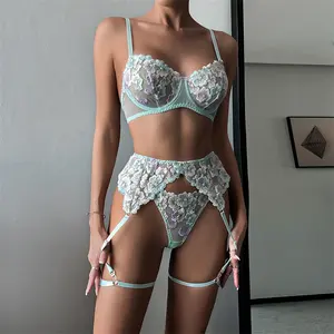 2023 New High Quality Heavy Industry Flower Embroidery Perspective Fun 3 Piece Set Popular Fun Underwear