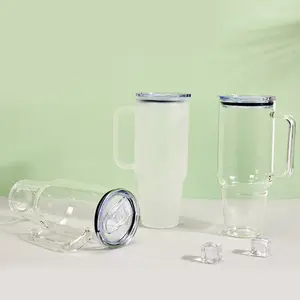 पुन: प्रयोज्य DIY ब्लैंक सब्लिमेशन क्लियर फ्रॉस्टेड कॉफी ट्रैवल 40oz ग्लास कप टंबलर हैंडल बांस के ढक्कन और पुआल के साथ