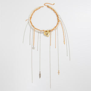 Cadena larga exagerada Cruz/estrella/plumas colgantes borlas corazón Collar para mujer moda señoras imitación perla gargantilla joyería - Product Image 3