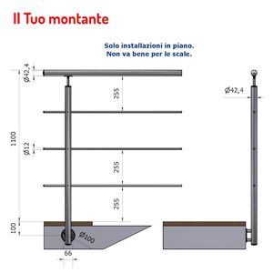 Hauteur de fixation latérale en acier inoxydable P110109-3XA4-L 1.10m Montant rond avec 3 trous Ø 42.4 et Ø 12.5 Poli AISI 316 - Product Image 1