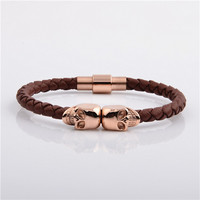 Bracelet en cuir tressé noir double crâne pour homme, fermoir magnétique en acier inoxydable or rose, style punk gothique, bijoux OEM en gros