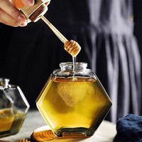 Bouteille de miel en verre hexagonal unique de luxe 100 ml/220 ml/380 ml, fournisseurs de bocaux avec couvercle en bois utilisés pour la confiture de pudding au miel