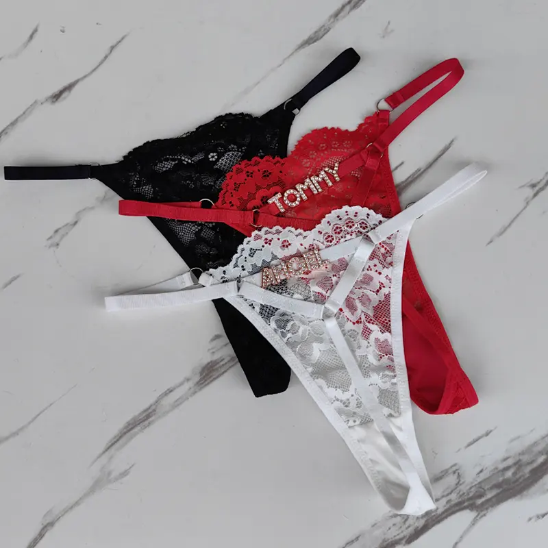 Mới đến quần lót đồ lót riêng tùy chỉnh kim loại thư Tên Tangas panty Rhinestone nhãn sexy ren đỏ G-string thong