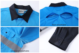 コットン製 建設・鉱業用ユニフォーム 長袖作業服 カスタムロゴ 反射安全服 高視認性 ストライプ付き メンズワークシャツ - Product Image 3