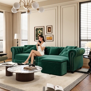 Canapé-lit Chesterfield 3 places 89 pouces vert 3-en-1 en velours capitonné avec ottoman amovible - Product Image 6