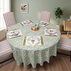 Classic Floral Block Printed Handmade Eco-Friendly <b>Tablecloth</b> Cotton Washable Home Dining Cover Green <b>White</b> Pastoral Style - Product Image 1