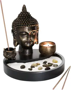 佛头雕像桌面禅宗花园套件与香炉和茶蜡烛台室内室外显示